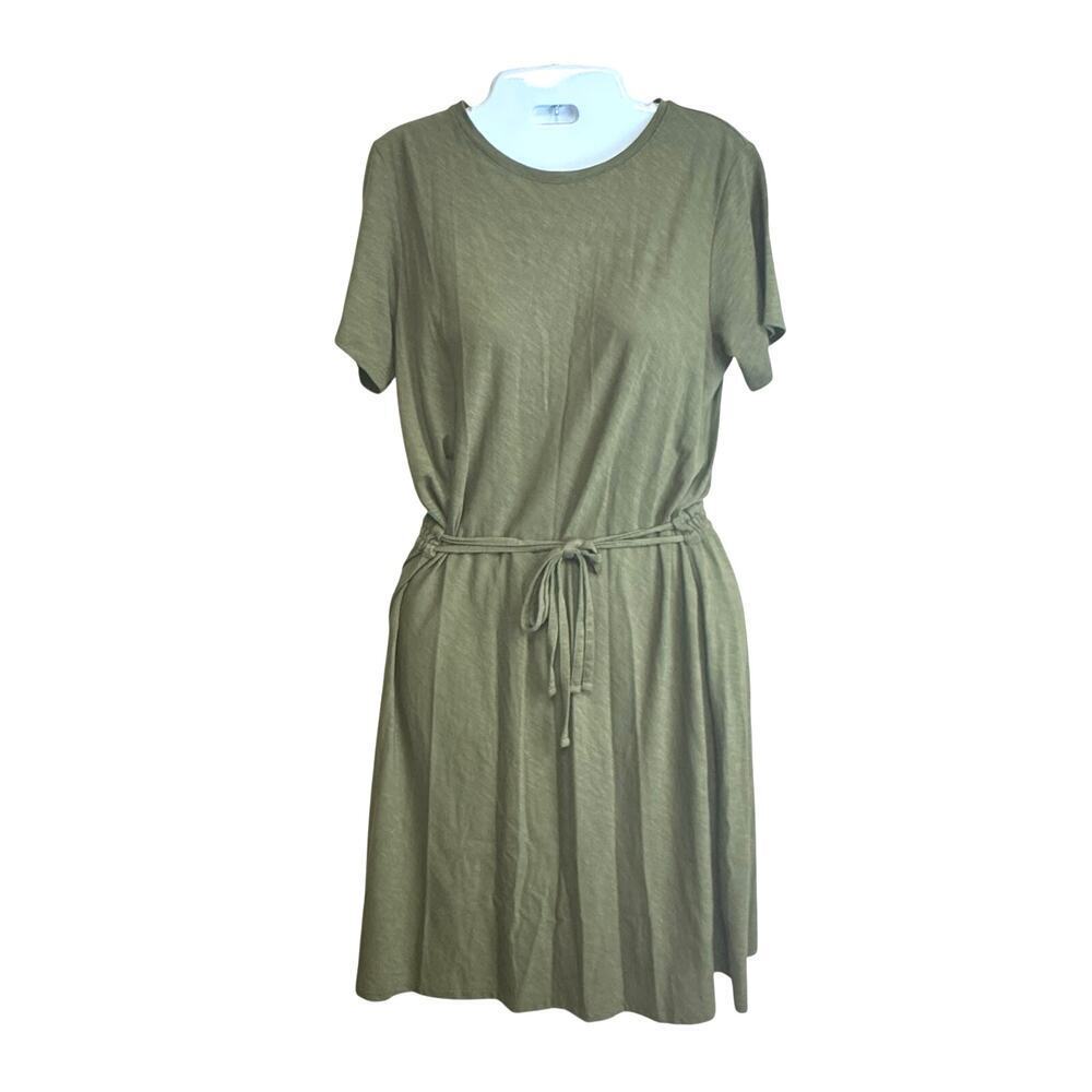 New Theory Vormond Knit Olive Green T-shirt Dress Elastic Tie Waist Women's M‎
